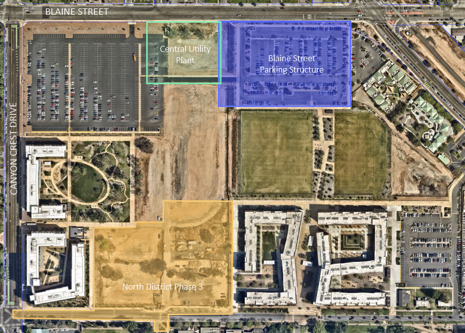 Aerial view of the North District 3 and Blaine Street Parking areas.