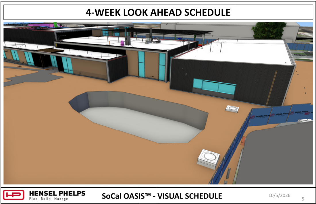 Slide 5 of the Hensel Phelps visual schedule (October 5, 2026) displays a 3D architectural rendering for the SoCal OASIS™ project. The rendering presents an elevated exterior view of the facility complex, featuring flat-roofed structures with dark siding, a recessed courtyard pit in the central ground area, and blue construction fencing along the perimeter.