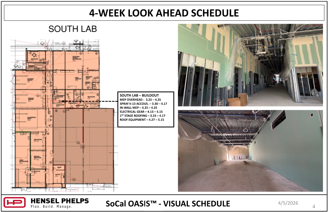 Gemini said Construction schedule slide for the South Lab section of the SoCal OASIS™ project (4/5/2026). Features a highlighted floor plan, a list of buildout milestones, and two photos showing interior metal framing and drywall progress.