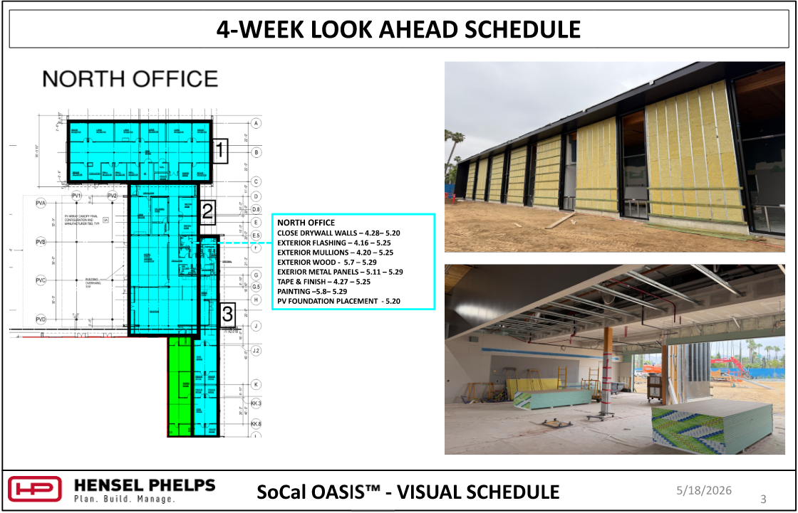  A 4-Week Look Ahead Schedule for the North Office section of the SoCal OASIS™ project, dated May 18, 2026. The slide presents a floor plan with highlighted work zones and a list of tasks such as closing drywall walls, installing exterior metal panels, and PV foundation placement. Accompanying photos show progress on the exterior facade with yellow insulation strips fitted between dark window frames, and an interior view of a large room containing stacked drywall panels and exposed overhead framing.