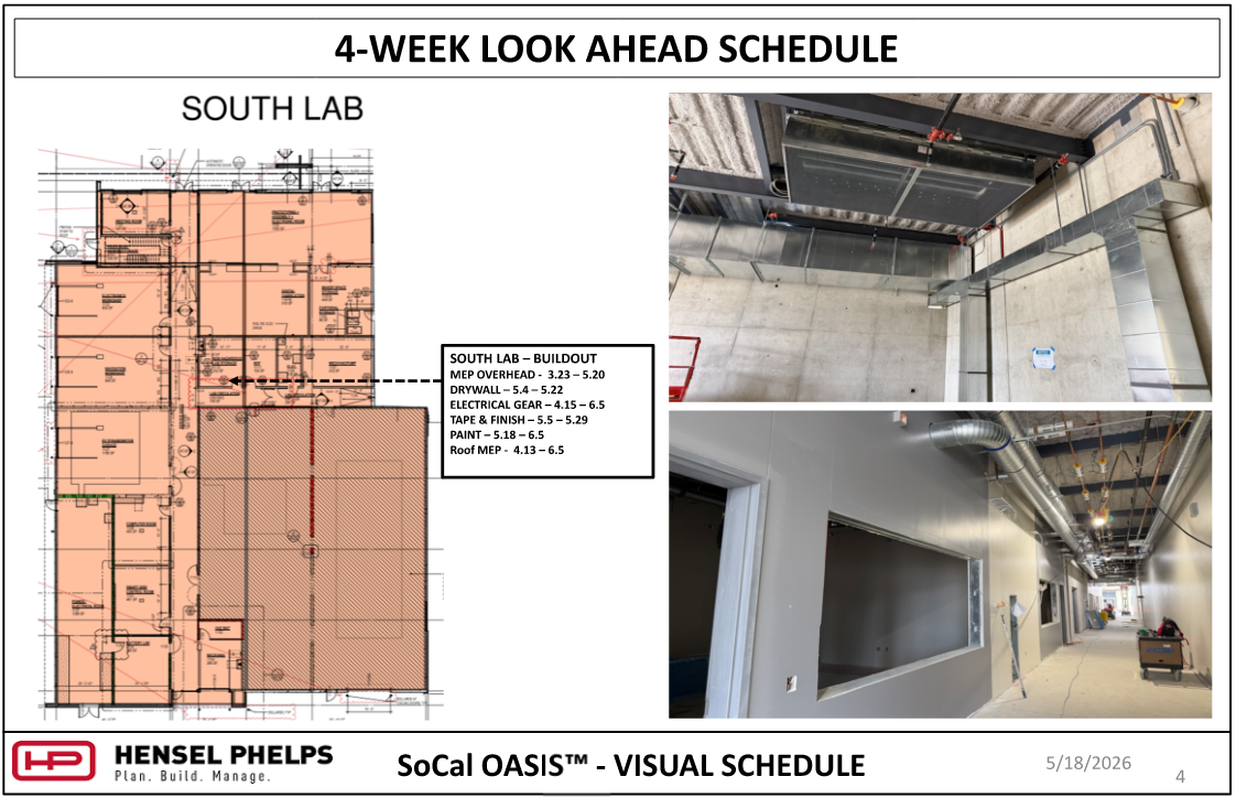 A 4-Week Look Ahead Schedule for the South Lab section of the SoCal OASIS™ project, dated May 18, 2026. The slide features a floor plan with highlighted orange work zones and a buildout task list covering MEP overhead, drywall, electrical gear, and painting. Accompanying photos show interior construction progress, including a large mechanical unit with rectangular silver ductwork installed near a concrete wall ceiling, and a finished hallway with white drywall, window cutouts, and exposed overhead pipes.