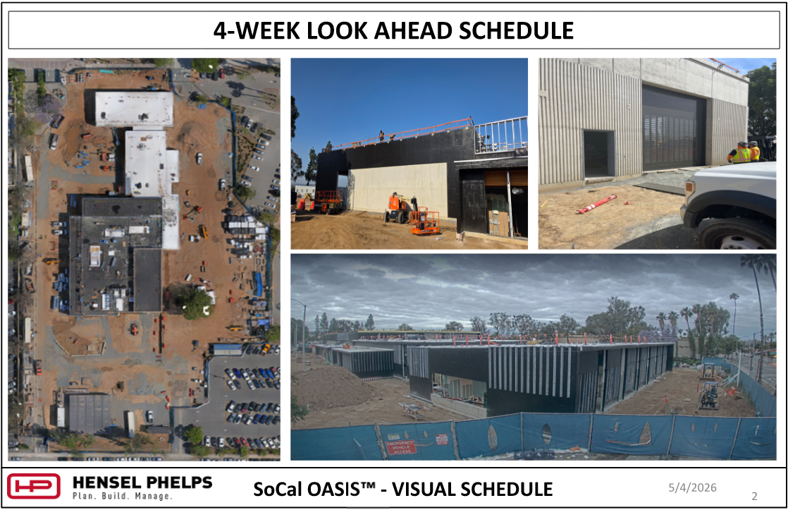 A presentation slide titled "4-WEEK LOOK AHEAD SCHEDULE" for the Hensel Phelps SoCal OASIS project, dated May 4, 2026. The slide features an aerial site map and three construction progress photos showing building exteriors, installation of black facade panels, and ground-level site work.