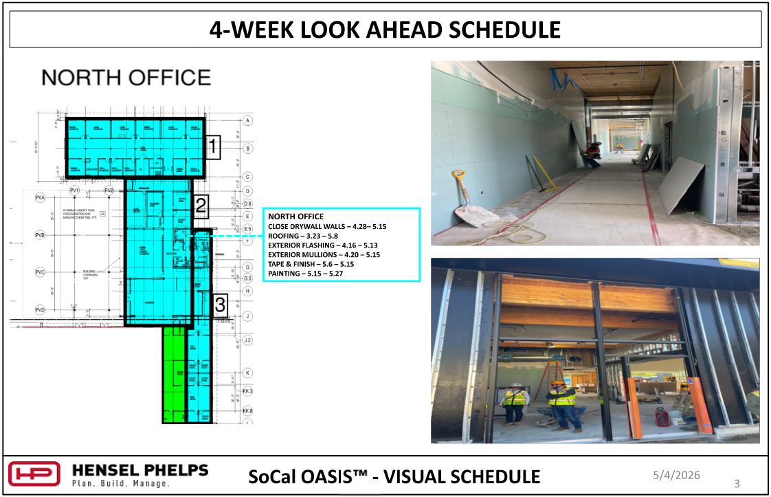 A construction update slide for the North Office of the SoCal OASIS™ project. It features a color-coded floor plan and a task list including drywall, roofing, and painting scheduled through May 2026. Accompanying photos show interior drywall progress in a corridor and exterior window frame installation.