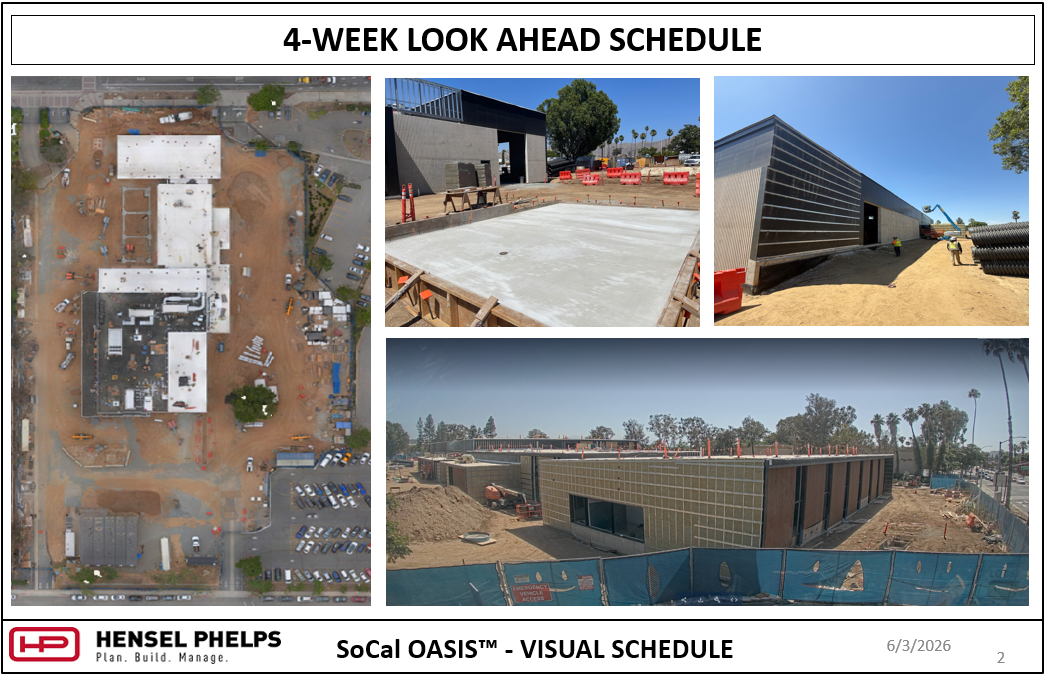 A 4-Week Look Ahead Schedule for the SoCal OASIS™ project by Hensel Phelps, dated 6/3/2026. The slide presents an overhead aerial site plan of the construction zone next to a parking lot, alongside three field progress photos: a freshly poured and leveled concrete slab foundation, workers near an exterior building facade being wrapped in dark weatherproofing material, and a wide panoramic shot showing insulation paneling installation along the main facility structure behind a blue perimeter fence.