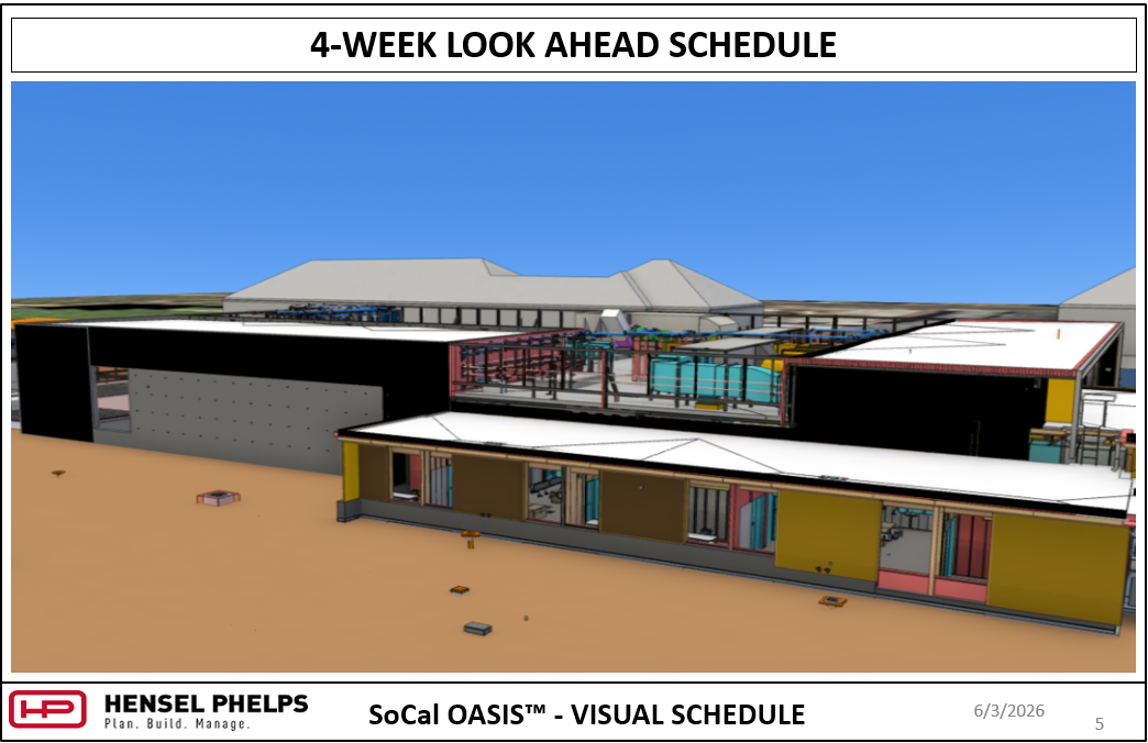 A 4-Week Look Ahead Schedule for the SoCal OASIS™ project by Hensel Phelps, dated 6/3/2026. This slide features an angled 3D BIM model rendering of the facility, showing flat white roofs, black and yellow-panel exterior walls with open window frames, and an open rooftop section exposing complex HVAC, ductwork, and structural layout configurations.