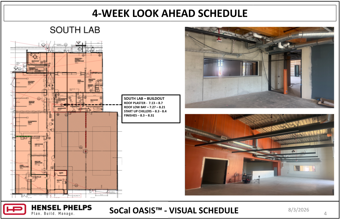 Slide 4 of the Hensel Phelps visual schedule (August 3, 2026) updates upcoming tasks for the "South Lab" section of the SoCal OASIS™ project. It features a highlighted floor plan schedule for roof plaster, roof low bay work, and interior finishes through late August. The plan is paired with two photos: an upper image showing concrete walls, window cutout, and mechanical piping, and an image showing a large room featuring a terracotta-red accent wall, lighting, overhead ductwork, and doorway passages.