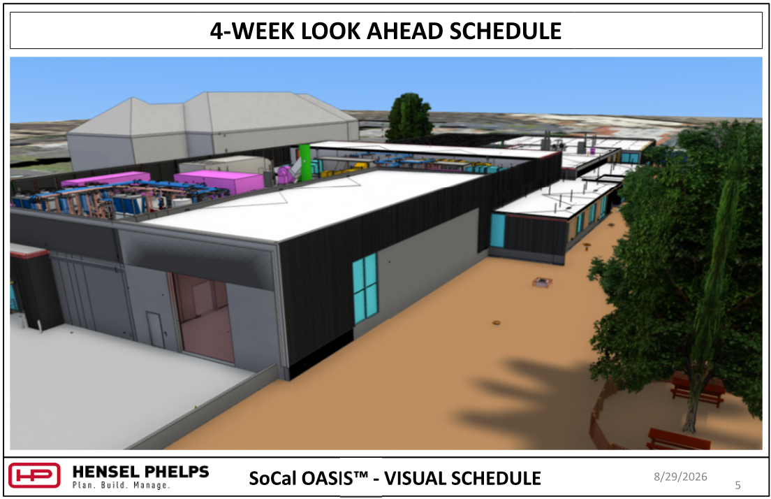 "4-Week Look Ahead Schedule" slide for SoCal OASIS by Hensel Phelps, featuring a 3D architectural rendering of the facility, showing modern dark exterior cladding, flat roofs with mechanical equipment, and surrounding landscaped grounds.