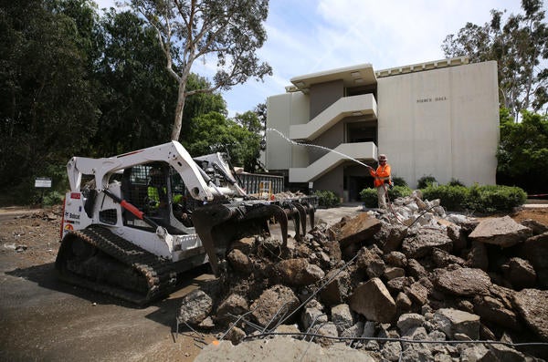 Heavy equipment is used outside Pierce Hall where a new renovation project has begun on May 2, 2019.  (UCR/Stan Lim)
