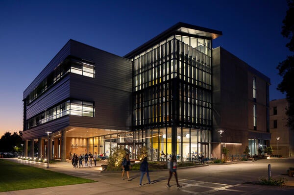 The Student Success Center at dusk on Thursday, October 15, 2021, at UC Riverside. (UCR/Stan Lim)