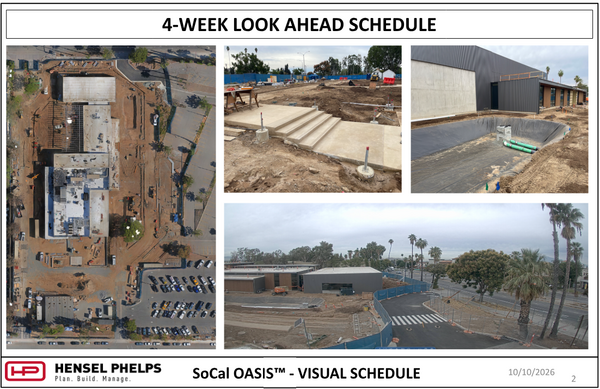 Slide 2 of the Hensel Phelps visual schedule (October 10, 2026) highlights SoCal OASIS™ site progress. It pairs an overhead aerial view of the site footprint with three photos: freshly poured concrete steps surrounded by dirt, a lined retention pond with green piping alongside dark building siding, and an elevated wide view showing paved roads, crosswalk markings, and perimeter fencing near palm trees.