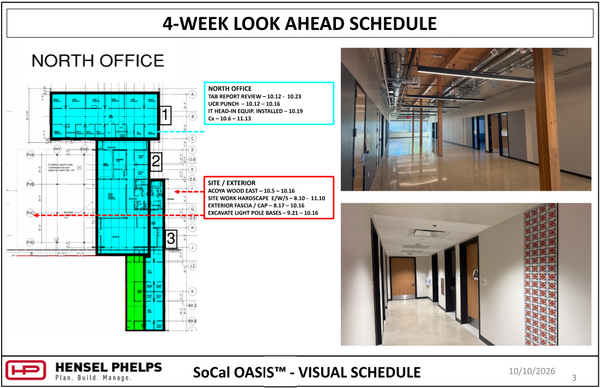 Slide 3 of the Hensel Phelps visual schedule (October 10, 2026) outlines "North Office" and exterior tasks through mid-November—including TAB report review, UCR punch items, IT head-in equipment installation, commissioning, ACOYA wood east, and light pole base excavation. The highlighted floor plan is paired with two interior photos: an upper image showing a long polished hallway featuring exposed wood ceiling beams and hanging linear lights, and a lower image showing an interior corridor.