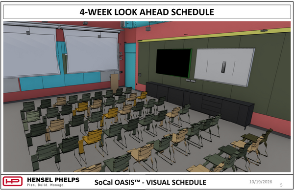 Slide 5 of the Hensel Phelps visual schedule (October 19, 2026) displays a 3D architectural rendering for the SoCal OASIS™ project. The rendering shows a presentation or lecture room setup with rows of chairs, dual ceiling-mounted projection screens on the left, and a front wall equipped with a digital display, whiteboard, and dark storage cabinets.