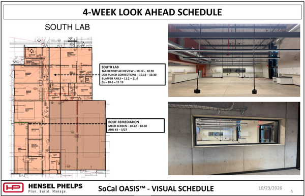 Slide 4 of the Hensel Phelps visual schedule (October 23, 2026) outlines "South Lab" buildout and roof remediation tasks through mid-November—including TAB report AEI review, UCR punch corrections, bumper rails, commissioning, mechanical screens, and AHU #3. The highlighted floor plan is paired with two photos: an upper image of a wide, open lab space showing suspended linear lighting and pendant drop outlets, and a lower image showing a rectangular observation window.