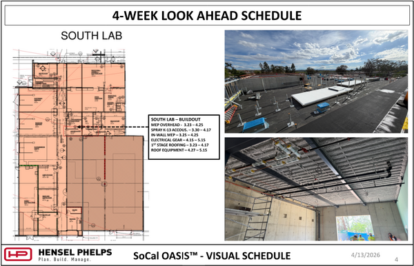 Construction schedule slide for the South Lab section of the SoCal OASIS™ project (4/13/2026). Features a highlighted floor plan, a buildout milestone list, and photos showing roof insulation installation and interior overhead MEP with spray-on insulation.