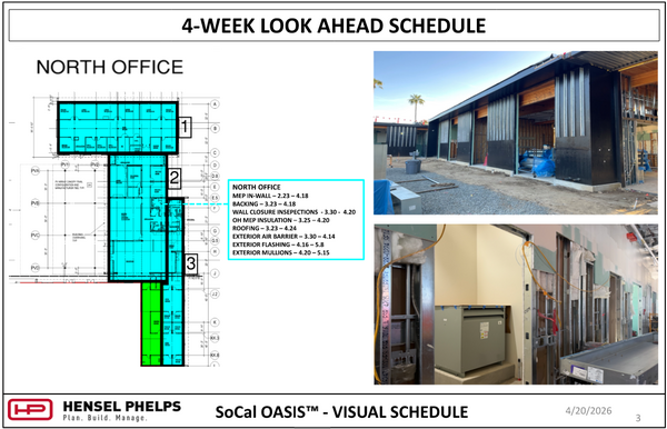 A 4-Week Look Ahead Schedule for the North Office section of the SoCal OASIS™ project, dated April 20, 2026. This visual schedule includes a floor plan with highlighted work zones and a checklist of tasks such as roofing, exterior air barriers, and mullion installation. Accompanying photos show the building's exterior with black panels and interior shots of mechanical equipment and wall framing progress.