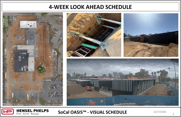 Construction progress slide for the SoCal OASIS project by Hensel Phelps, dated April 27, 2026. The visual schedule includes an aerial view of the site, a close-up of underground utility trenching, and two photos of the building's exterior showing black weatherproofing and vertical metal framing in progress.