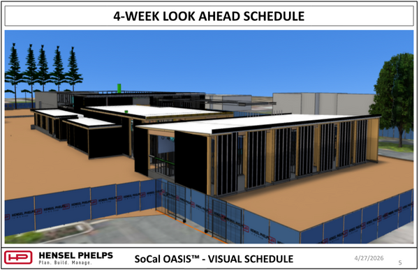  A 3D architectural rendering for the SoCal OASIS project visual schedule, dated April 27, 2026. The model depicts a modern, single-story facility with black exterior panels, wood accents, and flat white roofs. The building is shown within a simulated construction site featuring a blue Hensel Phelps perimeter fence and dirt grading.