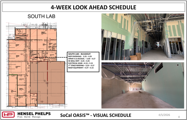 Gemini said Construction schedule slide for the South Lab section of the SoCal OASIS™ project (4/5/2026). Features a highlighted floor plan, a list of buildout milestones, and two photos showing interior metal framing and drywall progress.