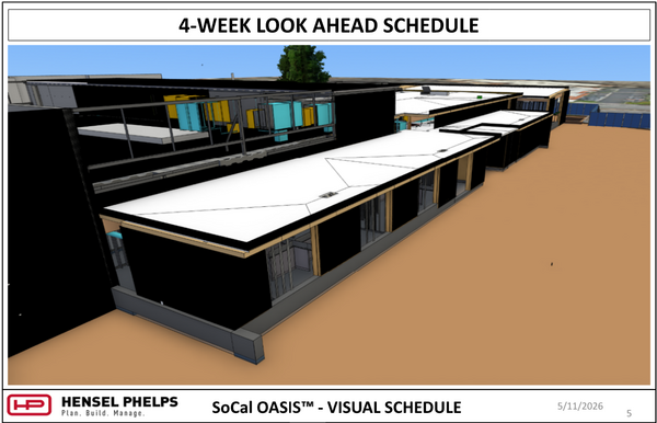 A 4-Week Look Ahead Schedule for the SoCal OASIS™ project by Hensel Phelps, dated May 11, 2026. This 3D BIM rendering shows the building's exterior from a street-level perspective, featuring dark architectural metal panels, glass windows, and rooftop mechanical enclosures. The digital model includes a realistic sky, a paved road in the foreground, and landscaping with a large tree.