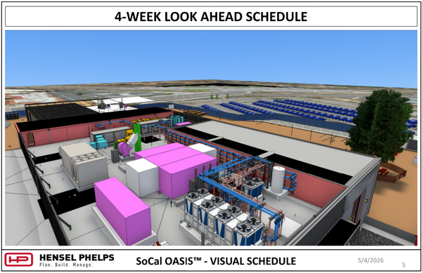 A 3D architectural rendering for the SoCal OASIS™ project, titled "4-Week Look Ahead Schedule" and dated 5/4/2026. The image provides a top-down perspective of the building's rooftop and mechanical yard, showcasing detailed HVAC equipment, cooling towers, and complex piping systems. Significant mechanical units are color-coded in pink and grey within a walled-in enclosure.