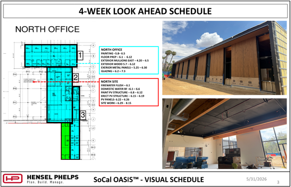 A 4-Week Look Ahead Schedule for the North Office and North Site of the SoCal OASIS™ project, dated May 31, 2026. The slide includes a floor plan with color-coded zones and two progress photos: an exterior view of installed vertical wood paneling and window frames along a dirt path, and an interior view showing a black painted ceiling accented by wood beams, overhead wiring, and a metal air duct.