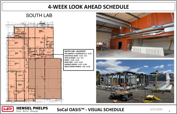 A 4-Week Look Ahead Schedule for the South Lab of the SoCal OASIS™ project, dated May 31, 2026. The slide features a highlighted floor plan with a task list covering structural inspections, electrical gear, and roof MEP work. Accompanying progress photos show an interior space with a bright orange accent wall, exposed ceiling joists, and hanging metallic ventilation ducts, alongside an outdoor rooftop equipment area under a blue sky featuring supporting frames and covered mechanical units.