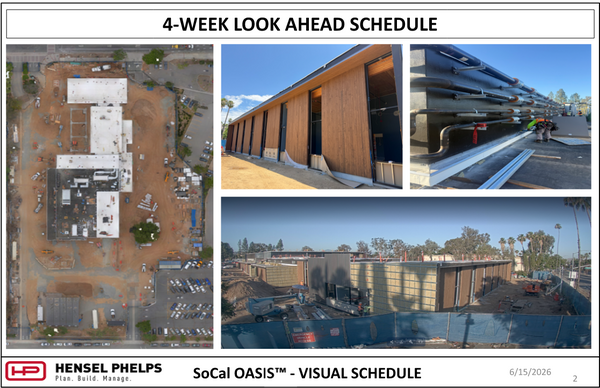 A 4-Week Look Ahead Schedule for the SoCal OASIS™ project by Hensel Phelps, dated 6/15/2026. The slide features an overhead aerial site plan of the construction campus alongside three progress photos. Exterior view of completed vertical wood paneling siding on a single-story wing, outdoor rooftop installation showing parallel utility piping arrays secured along a wall facade, a wide panoramic shot showing continuing exterior wall and paneling progress across the main facility structure.