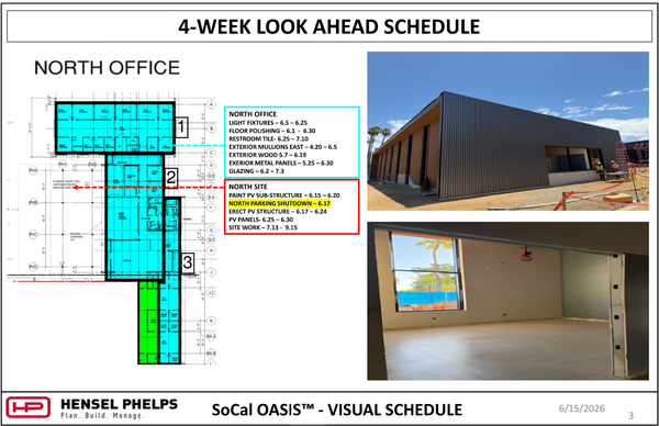 A 4-Week Look Ahead Schedule for the North Office and North Site sections of the SoCal OASIS™ project, dated 6/15/2026. The slide displays a color-coded floor plan with task lists alongside two construction photos: an exterior view showing dark vertical corrugated metal panels wrapping around the corner of the building facade, and an interior shot highlighting a newly polished concrete floor in a room with smooth gray drywall and a large rectangular window looking outside.