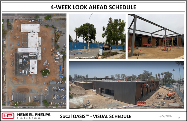 A 4-Week Look Ahead Schedule for the SoCal OASIS™ project by Hensel Phelps, dated 6/22/2026. The slide features an overhead aerial site plan of the construction zone next to a parking lot, paired with three field progress photos: a parking lot area enclosed by a blue security fence under trees, an open steel structural beam canopy frame erected over a dirt ground area next to the building facade, and a wide panoramic shot showing an orange boom lift truck parked alongside the buildings corrugated panels.