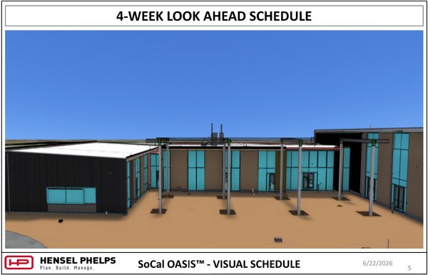 A 4-Week Look Ahead Schedule for the SoCal OASIS™ project by Hensel Phelps, dated 6/22/2026. This slide features a 3D architectural BIM model rendering showing an aerial perspective of the facility layout. The digital model showcases a modern structure with flat roofs, dark vertical cladding on the left wing, tan panels with large blue-tinted windows along the main facade, and a courtyard featuring a row of tall structural columns intended for an overhead canopy framework un