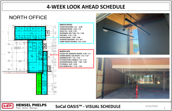 An image titled "4-WEEK LOOK AHEAD SCHEDULE" for the Hensel Phelps "SoCal OASIS™" project (page 3, dated June 26, 2026). It shows a highlighted floor plan of the "North Office" alongside text boxes detailing schedules for interior tasks (such as floor polishing and lobby wood ceilings) and exterior "North Site" tasks (such as storm drains and PV panels). Two interior construction photos on the right showcase high wood-paneled ceilings, modern hanging light fixtures, and open-concept rooms.