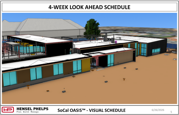 An image titled "4-WEEK LOOK AHEAD SCHEDULE" for the Hensel Phelps "SoCal OASIS™" project (page 5, dated June 26, 2026). It shows a 3D digital architectural rendering of a modern low-rise commercial building complex with flat roofs, large glass windows, and tan and black exterior walls, situated on a simulated dirt ground surface.