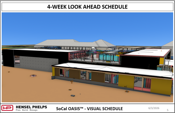 A 4-Week Look Ahead Schedule for the SoCal OASIS™ project by Hensel Phelps, dated 6/3/2026. This slide features an angled 3D BIM model rendering of the facility, showing flat white roofs, black and yellow-panel exterior walls with open window frames, and an open rooftop section exposing complex HVAC, ductwork, and structural layout configurations.