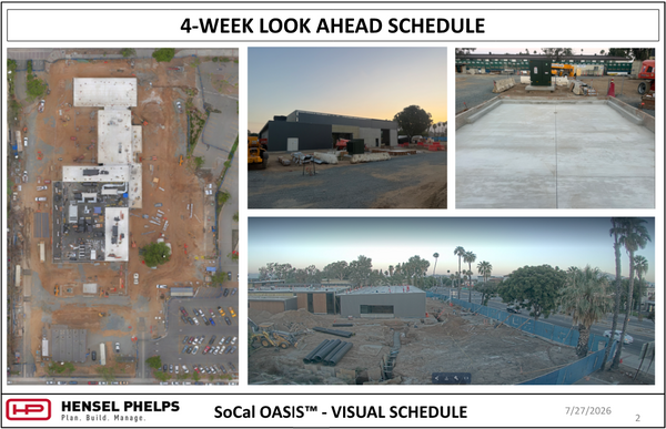 Slide 2 of the Hensel Phelps visual schedule (July 27, 2026) highlights overall construction site progress for the SoCal OASIS™ project. It features an overhead aerial view of the building footprint alongside three updated progress photos: a low-angle exterior view of the modern building facade at dusk, a newly poured concrete pad with electrical transformers nearby, and a wide elevated view showing ongoing site work, earthwork, stored piping, and perimeter fencing bordered by palm trees.