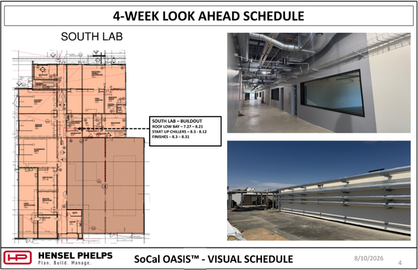 Slide 4 of the Hensel Phelps visual schedule (August 10, 2026) outlines upcoming tasks for the "South Lab" section of the SoCal OASIS™ project through late August—including roof low bay work, chiller startup, and general finishes. The highlighted floor plan is paired with two photos: an upper image of an interior hallway showing exposed ceiling ductwork and glass viewing windows, and a lower image showing insulated utility pipes running along an exterior wall under a blue sky.