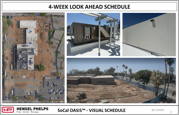 Slide 2 of the Hensel Phelps visual schedule (August 17, 2026) highlights SoCal OASIS™ site progress. It pairs an overhead aerial view of the project footprint with three progress photos: rooftop HVAC unit installation with overhead piping, a close-up of finished exterior wall plaster, and a wide elevated view of ongoing site excavation, grading, and concrete formwork bordered by palm trees.