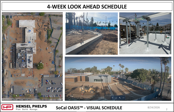 Slide 2 of the Hensel Phelps visual schedule (August 24, 2026) highlights SoCal OASIS™ site progress. It pairs an overhead aerial view of the site with three progress photos: newly poured concrete curbing along a dirt pathway, rooftop pipe support framing with insulated overhead lines, and a wide elevated view of site grading featuring heavy machinery and palm trees along the perimeter fence.