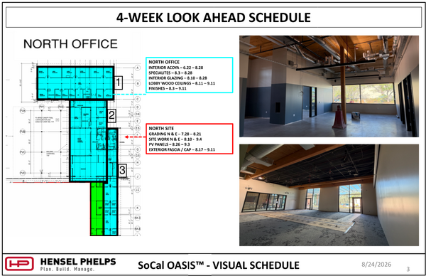 Slide 3 of the Hensel Phelps visual schedule (August 24, 2026) outlines "North Office" and "North Site" tasks through mid-September—including interior glazing, lobby ceilings, site work, PV panels, and exterior fascia. The highlighted floor plan is paired with two photos: an upper room showing exposed wooden ceiling beams and suspended linear lighting, and a lower image showing a large open lobby with floor-to-ceiling windows and protective floor covering.