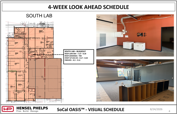 Slide 4 of the Hensel Phelps visual schedule (August 24, 2026) outlines "South Lab" tasks through mid-September—including roof low bay work, roof repair, AHU #3 startup, and interior finishes. The highlighted floor plan is paired with two photos: an upper image of a room featuring a terracotta-red wall section with mounted cabinetry and exposed ductwork, and a lower image showing an open room with carpet tile, black and wood shelving units, and slate blue accent walls.