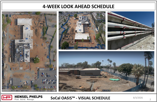 Slide 2 of the Hensel Phelps visual schedule (August 3, 2026) highlights overall construction site progress for the SoCal OASIS™ project. It features an overhead aerial view of the building layout alongside three updated site photos: a high-angle view looking down the length of the complex, a close-up of insulated exterior utility piping mounted along a concrete wall, and a wide elevated view of ongoing site work, excavation, and green utility pipes bordered by palm trees along the perimeter.