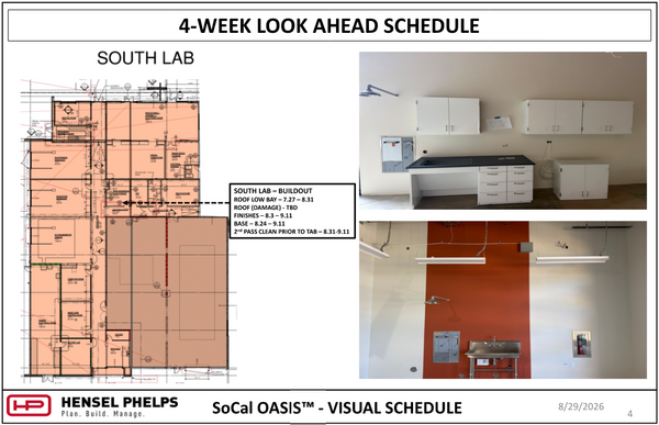 4-Week Look Ahead Schedule" slide for South Lab at SoCal OASIS by Hensel Phelps, featuring an architectural floor plan with schedule milestones alongside lab interior progress photos showing installed white cabinetry, countertops, and utility fixtures against a orange accent wall.