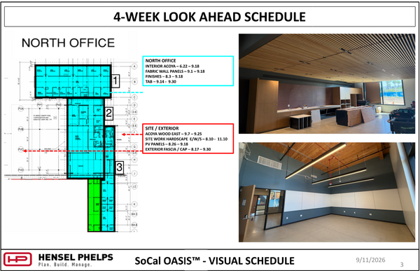 Slide 3 of the Hensel Phelps visual schedule (September 11, 2026) outlines "North Office" and exterior tasks through late September—including fabric wall panels, TAB, site hardscape, and PV panels. The highlighted floor plan is paired with two photos: an upper image showing slatted wood ceiling panels and built-in cabinetry, and a lower image showing a room with white and gray acoustic wall panels and suspended linear light fixtures.