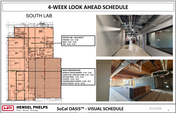 Slide 4 of the Hensel Phelps visual schedule (September 11, 2026) outlines "South Lab" buildout and roof remediation tasks through late October—including base installation, TAB, vapor barrier removal, roof replacement, and mechanical screens. The highlighted floor plan is paired with two photos: an upper image of a clean interior corridor with overhead piping and conduit, and a lower image showing an open room with timber ceiling beams, exposed spiral ductwork, and built-in shelving units.