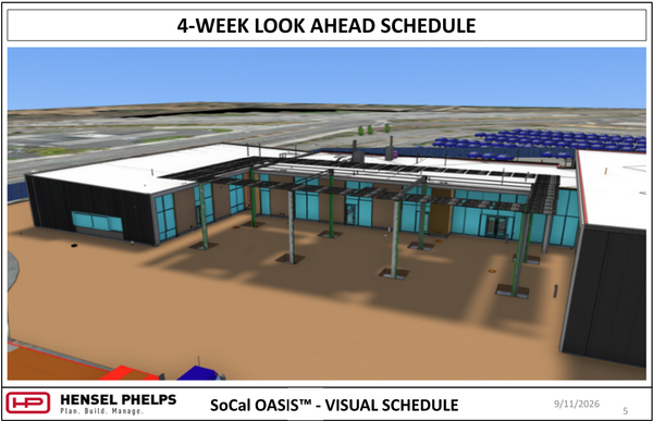Slide 5 of the Hensel Phelps visual schedule (September 11, 2026) displays a 3D architectural rendering for the SoCal OASIS™ project. The image presents an elevated view of the central courtyard, showcasing green support columns with an overhead canopy frame set against modern, flat-roofed structures featuring dark paneling and glass curtain walls.