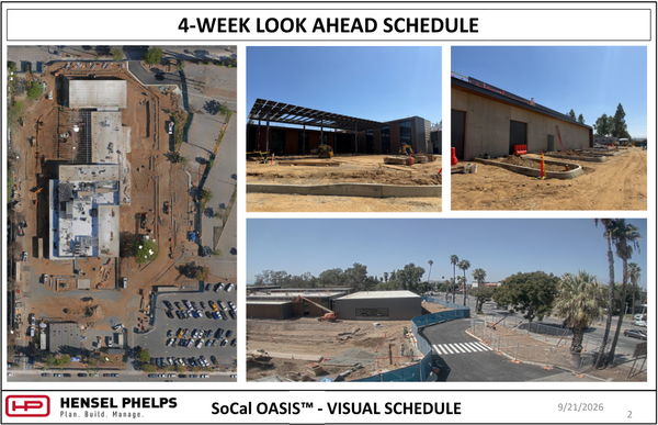 Slide 2 of the Hensel Phelps visual schedule (September 21, 2026) highlights SoCal OASIS™ site progress. It pairs an overhead aerial view of the site footprint with three photos: the courtyard area beneath an installed rooftop solar canopy, concrete curbing alongside a exterior building wall, and an elevated wide view showing paved roads, crosswalk markings, and ongoing landscaping work near palm trees.