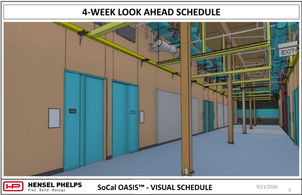 Slide 5 of the Hensel Phelps visual schedule (September 21, 2026) displays a 3D architectural rendering for the SoCal OASIS™ project. The image presents an interior perspective of a wide hallway featuring blue double doors, exposed structural wood support posts, overhead yellow utility trays, and exposed ceiling ductwork