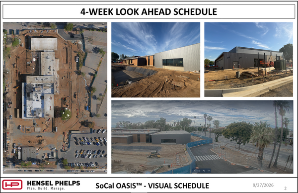 Slide 2 of the Hensel Phelps visual schedule (September 27, 2026) highlights SoCal OASIS™ site progress. It pairs an overhead aerial view of the site footprint with three photos: earthwork and grading alongside modern corrugated siding, concrete curbing installed next to dark exterior walls, and an elevated wide view showing paved roads, crosswalk markings, and perimeter fencing near palm trees.