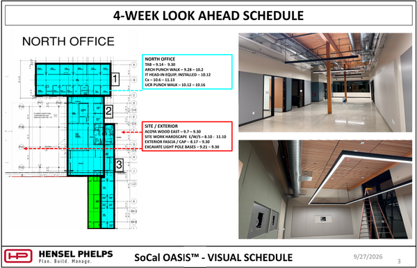 Slide 3 of the Hensel Phelps visual schedule (September 27, 2026) outlines "North Office" and exterior tasks through mid-November—including architectural punch walks, IT equipment setup, commissioning, site hardscape, and light pole base excavation. The highlighted floor plan is paired with two interior photos: an upper image of a polished corridor with timber posts and suspended linear lighting, and a lower image showing slatted wood ceilings with a large rectangular LED fixture.