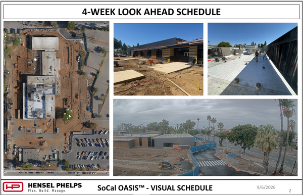 Slide 2 of the Hensel Phelps visual schedule (September 6, 2026) highlights SoCal OASIS™ site progress. It pairs an overhead aerial view of the site with three photos: concrete flatwork forms laid out on dirt grounds, a clean roof deck alongside screen framing, and a wide elevated view of paved site access roads and perimeter fencing near palm trees.