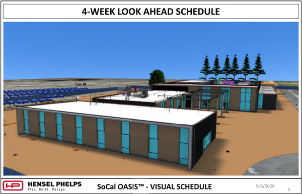 Slide 5 of the Hensel Phelps visual schedule (September 6, 2026) displays a 3D architectural rendering for the SoCal OASIS™ project. The image presents an elevated perspective of the facility complex, featuring flat roofs, dark side paneling with vertical windows, an open courtyard with shade structure framing under a clear blue sky.